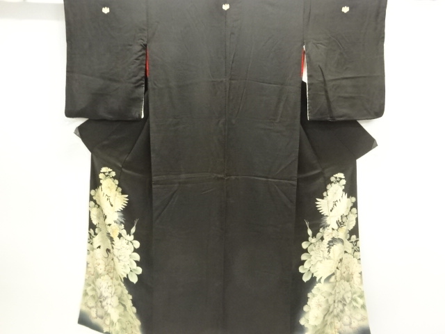 JAPANESE KIMONO / ANTIQUE TOMESODE / SILK / KINSHA / EMBROIDERY / CRANE & PEONY
